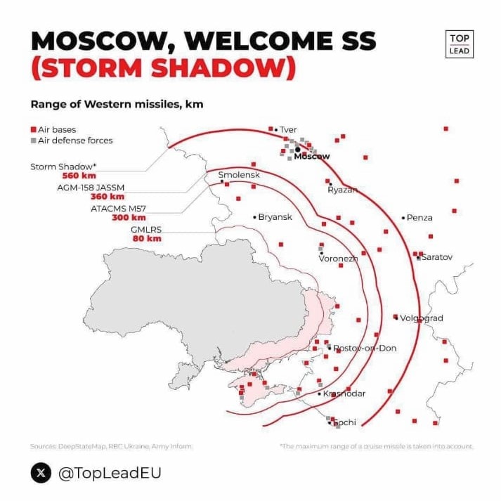 The Storm Shadow missile has a range of around 500 km and can target territories deep inside Russia. (Photo Credit: Posted on X by @TopLeadEU)