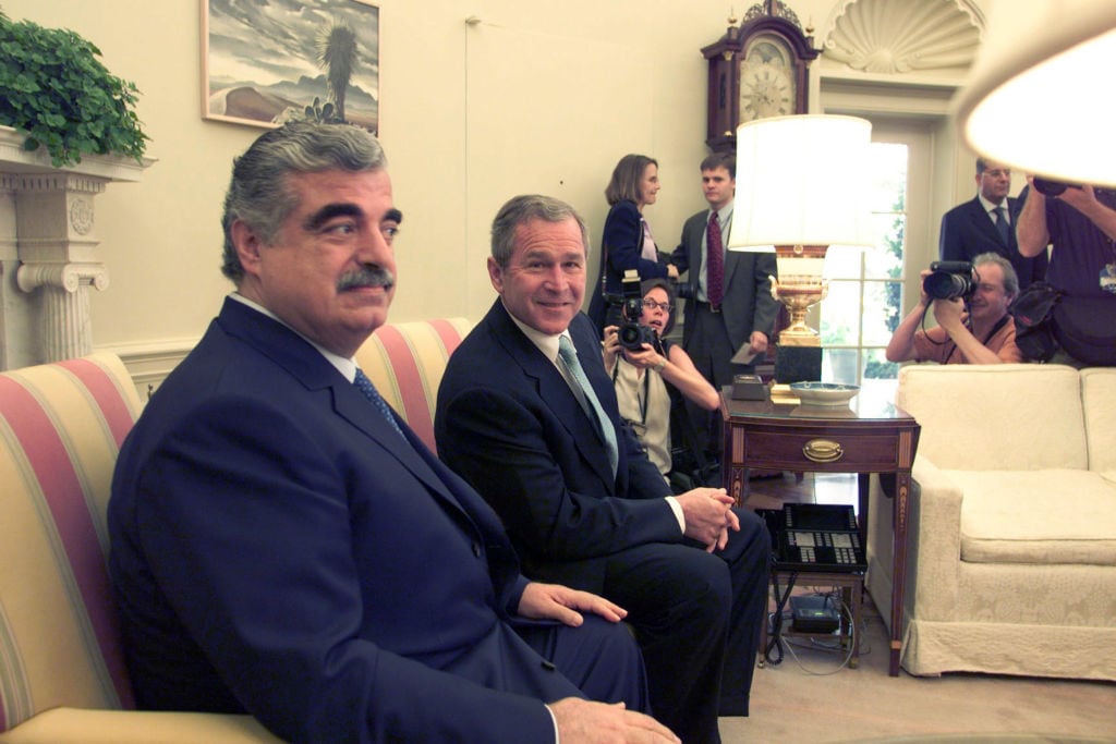 Former Lebanon Prime Minister Rafic hariri with ex US President George Bush at the White House.