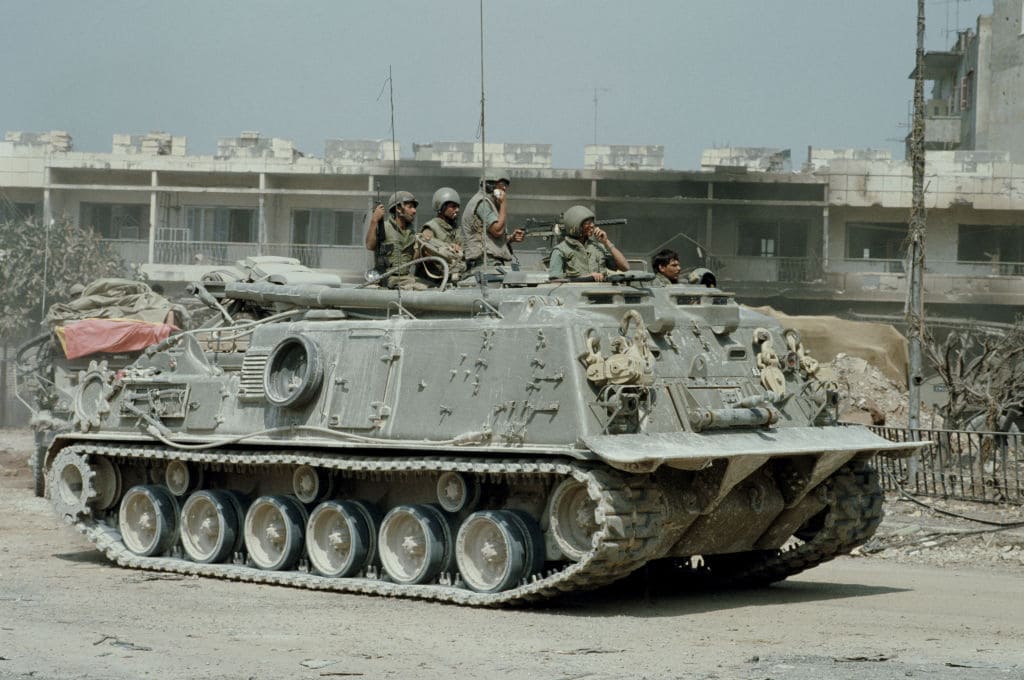 Israeli forces invade Lebanon in 1982.