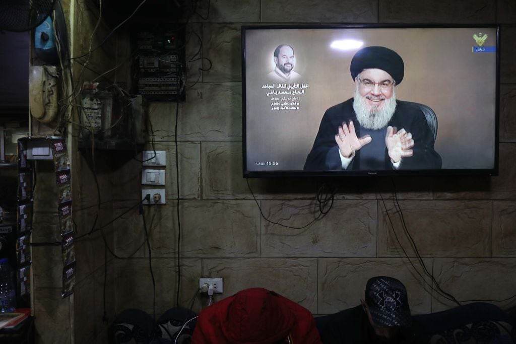 Hezbollah chief Hassan Nasrallah during one of his televised speeches.