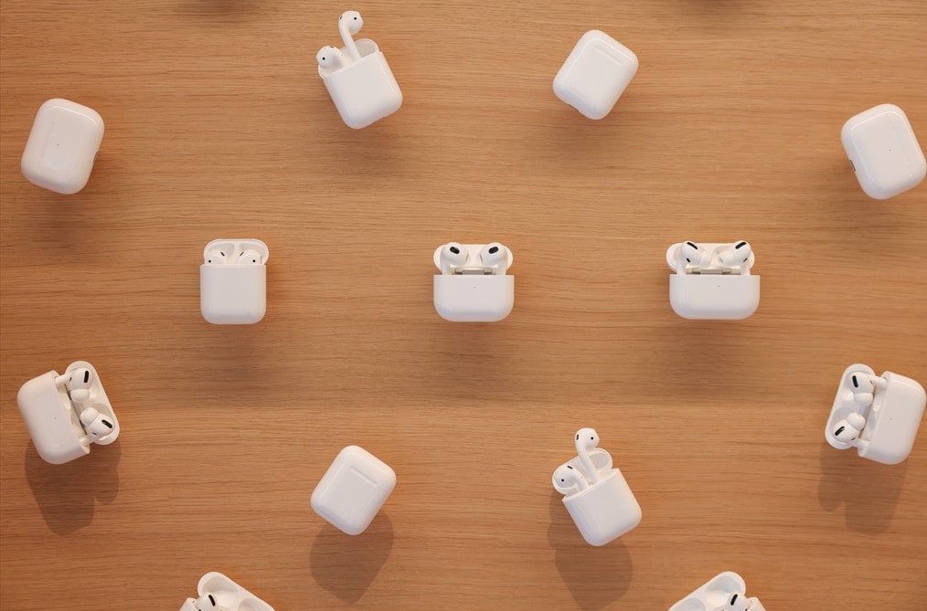 An AirPods display at an Apple retail store. (Photographer: Hollie Adams / Bloomberg)