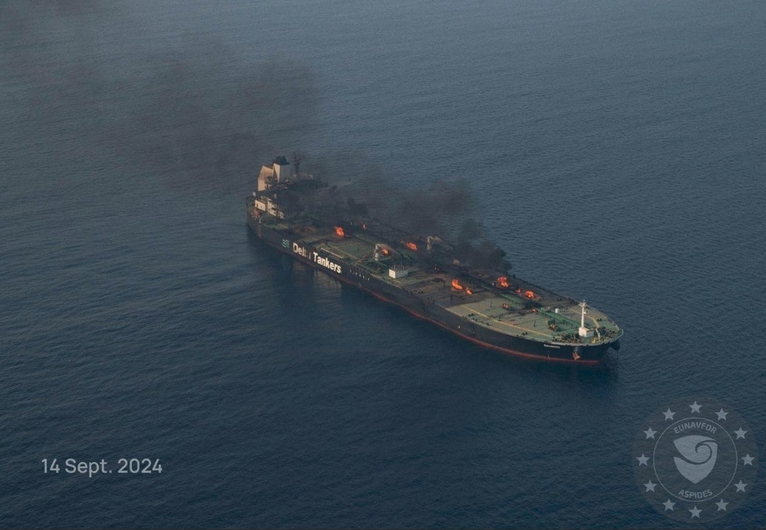 Flames and smoke rise from an oil tanker which was attacked by Iran-backed Houthis in the Red Sea. (Photo: Reuters)